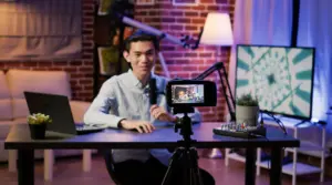 Young content creator sitting at a desk with a microphone, camera, and laptop, preparing for a video recording session.