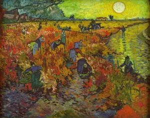 Vibrant landscape of harvesters working in colorful fields near a glowing river at sunset, showcasing nature's beauty.