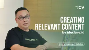 Man in glasses discussing content creation, featuring text "Creating Relevant Content by ideclare.id" on screen.