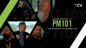 Collage of men discussing prison ministry, highlighting key themes of redemption and transformation in PM101 program.