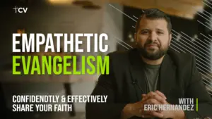 Eric Hernandez discussing empathetic evangelism techniques for confidently sharing faith in a warm setting.