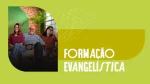 Three individuals engaged in a discussion with vibrant green background, promoting Evangelistic Training.