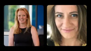 Two women smiling in side-by-side images, showcasing different hairstyles and expressions in professional and casual settings.