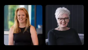 Two smiling women in stylish black outfits, showcasing different hairstyles and glasses, set against contrasting backgrounds.