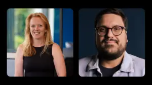 Two professional portraits: a smiling woman with long hair in a black dress and a man with glasses and a beard in a light jacket.