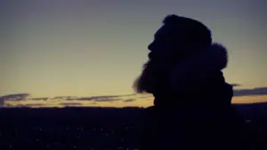 Silhouette of a man with a beard against a sunset sky, highlighting the tranquil beauty of dusk.