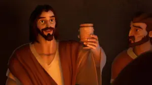 Animated scene featuring a man holding a jar, engaging with another character in a dimly lit setting.