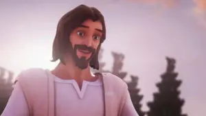 Animated character of Jesus with a warm smile, set against a serene background of trees and soft sunset hues.