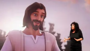 Animated scene featuring a character resembling Jesus and a woman gesturing expressively against a soft, colorful backdrop.