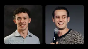 Two men featured in professional settings, one in a casual shirt and the other in a patterned sweater holding a microphone.