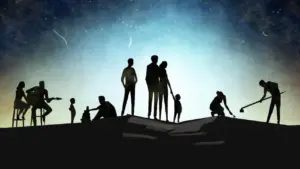 Silhouette of diverse people enjoying activities together against a starry twilight background, symbolizing unity and creativity.