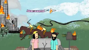 Two animated characters sit on a couch amidst a chaotic scene with burning buildings, horse riders, and an arrow in the sky.