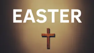 Easter celebration graphic with bold text and a wooden cross, symbolizing the holiday's religious significance.