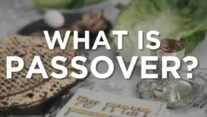 Passover table setting with matzah, lettuce, and a seder plate, featuring the question "What is Passover?" prominently displayed.