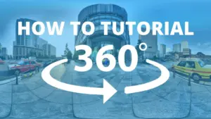 360-degree tutorial image showcasing a modern urban environment with buildings and vehicles.