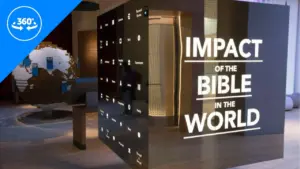 Interactive exhibit showcasing the impact of the Bible in the world with modern design and engaging visuals.