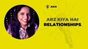 Smiling woman in floral top beside a microphone on a bright yellow background, promoting "Arz Kiya Hai" Relationships.