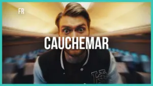 Man with wide eyes in a retro airplane interior, featuring the word "CAUCHEMAR" prominently displayed.