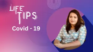 Woman sharing life tips on navigating Covid-19, featuring a colorful gradient background and bold text design.