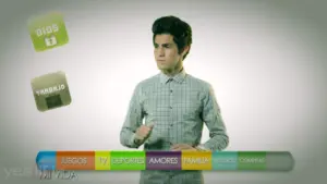 Young man in a checkered shirt gestures with colorful icons and text overlay illustrating various themes and topics.