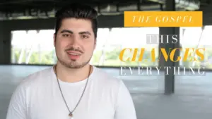 Young man in white shirt standing in an empty space, promoting a message about the transformative power of the gospel.