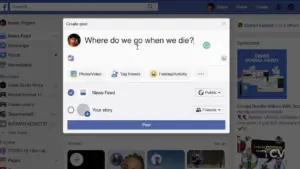 Social media post creation interface asking philosophical question, "Where do we go when we die?" with sharing options.