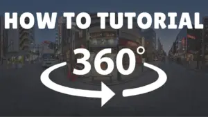 360-degree tutorial guide with urban street scene in the background and clear directional arrow.