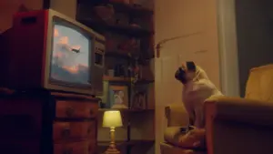 A dog watching an old television in a cozy living room with warm lighting and vintage furniture.