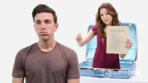 Frustrated man in front of a suitcase, while a woman holds a paper, emphasizing a travel planning dilemma.