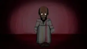 Animated character in a dark background, featuring a solemn figure wearing a striped robe and expressive eyes.