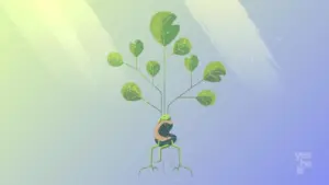 A whimsical frog sitting beneath a tree made of large green leaves, set against a soft, colorful gradient background.