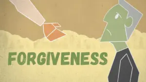 An illustration of a hand reaching out in forgiveness to a depressed figure, emphasizing themes of reconciliation and empathy.