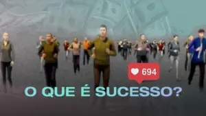 A diverse crowd of people running with money symbols and social media icons, emphasizing the theme of success.