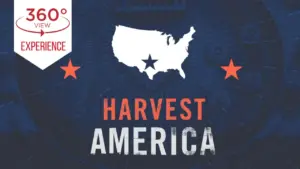 Illustration of the United States with stars, featuring the text "Harvest America" and a 360° view experience label.