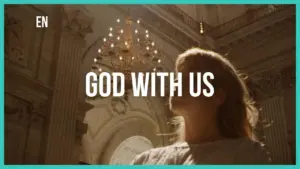 Woman in a bright interior with a chandelier, conveying a spiritual message "God With Us" in bold lettering.