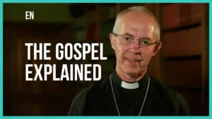 A clergyman explains the Gospel, featuring informative text and a scholarly backdrop for a religious discussion.