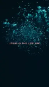 Text image with the phrase "Jesus is the Lifeline" surrounded by an abstract, dark background with floating blue elements.