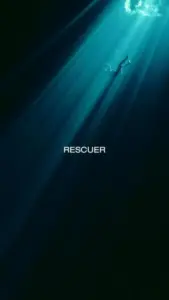 Underwater scene with sunlight beams illuminating a swimmer labeled "RESCUER" evoking a sense of hope and rescue.