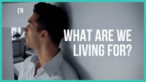 Thoughtful man gazing upward beside the text "What are we living for?" on a minimalist background.