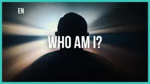 Silhouette of a person with light rays behind, featuring the text “WHO AM I?” in bold white font.