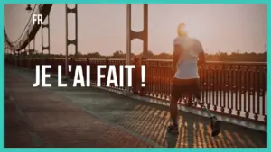 Runner celebrating achievement on a bridge at sunset, with inspirational text emphasizing personal success.