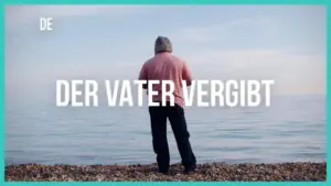 Man in hoodie standing by the calm water, reflecting on life with the text "Der Vater Vergibt" prominently displayed.