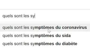 Search bar displaying symptoms of various diseases, including coronavirus, HIV, and diabetes in French.