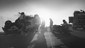 First responders at an accident scene assist victims near an overturned vehicle against a dramatic sunset backdrop.