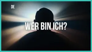 Silhouette of a person with prominent light rays, featuring the text "WER BIN ICH?" in a dramatic font.