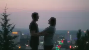 Silhouetted couple embracing at sunset with city lights glowing in the background. Romantic cityscape scene.