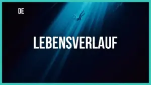 A person swimming underwater illuminated by sunlight, with the word "LEBENSVERLAUF" in bold white text above.