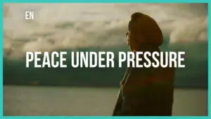 Person looking out at a tranquil water scene with text overlay "Peace Under Pressure" conveying introspection and calm.