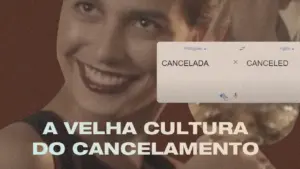 Smiling woman holding a sign with "CANCELADA" and "CANCELED" exploring themes of cancel culture in a vibrant setting.