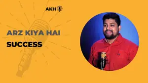 Man in a red shirt speaking confidently into a microphone, with a bright yellow background and the text "Arz Kiya Hai Success."